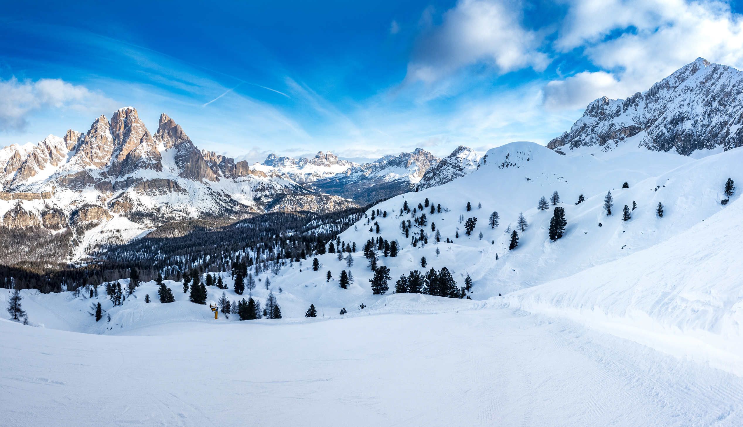 Snow-covered ski mountains in the Dolomites